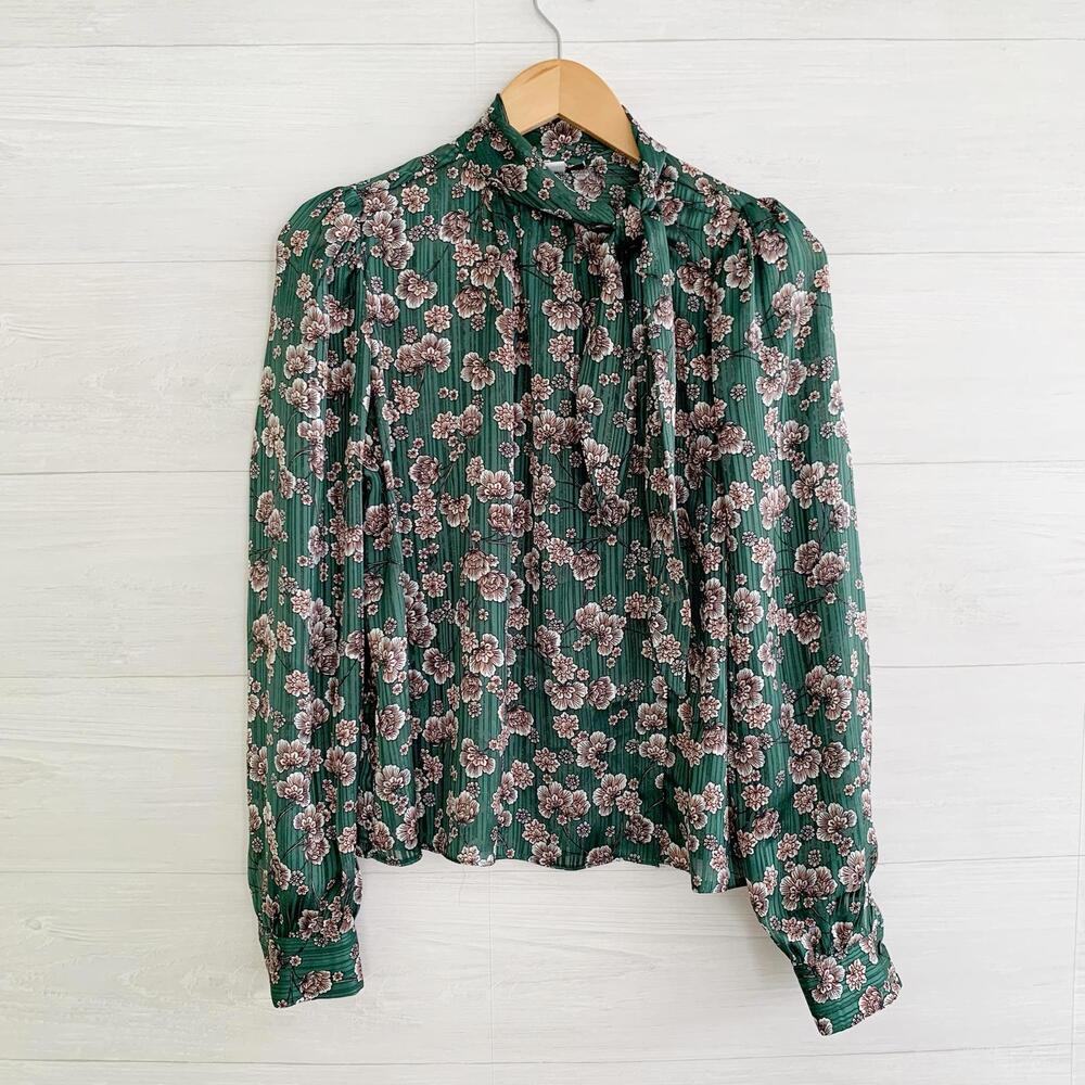 Topshop - Green floral long sleeve tie neck tulip back top, US 4